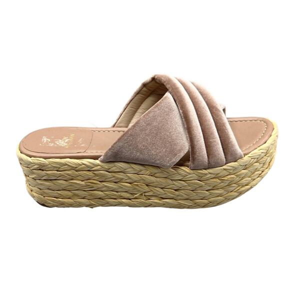 Stuart Weitzman Sz 9 Pufftoproffia Blush Pink Velvet Raffia Platform Sandals - Picture 2 of 9